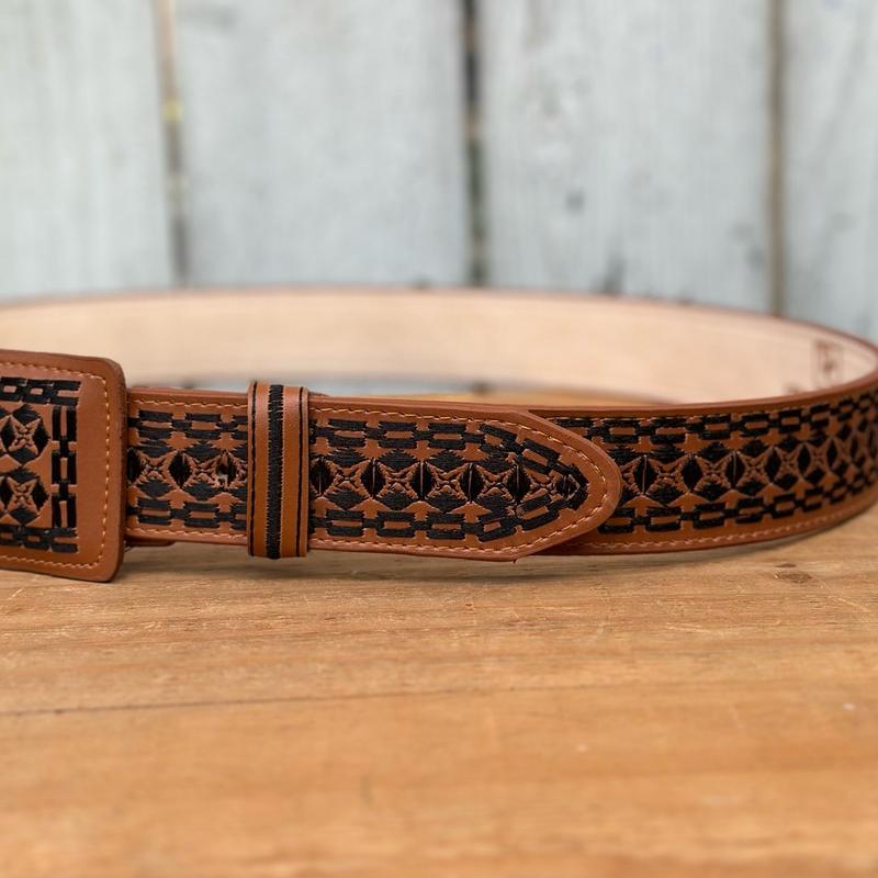 Tan “Rocco” Embroidered Belt with Rectangular Buckle - Men’s Western Belts