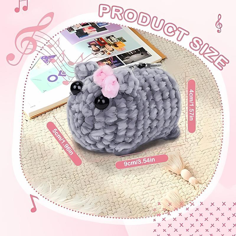 Sad hamster keychain cute crochet emoji plush front knitted hamster with bow desk home decoration gift hamster knitted doll accessories, keychain with music