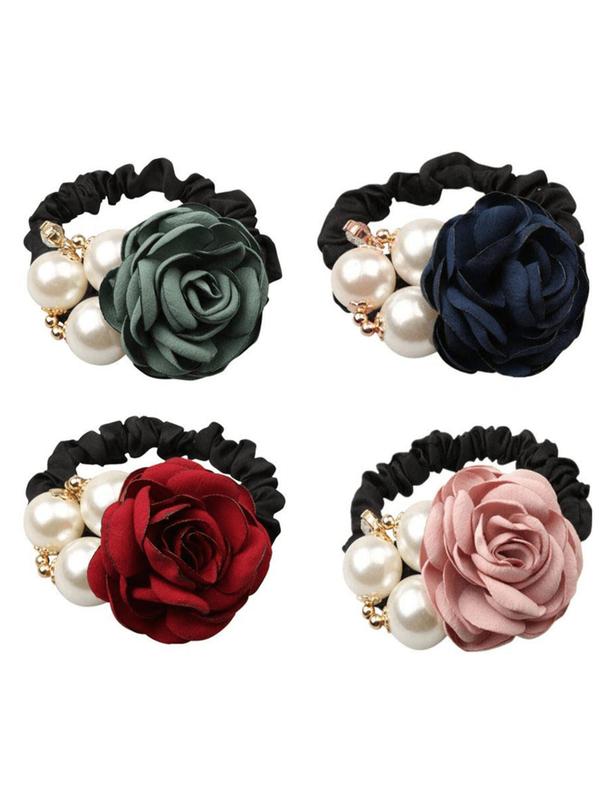 Elegant Faux Pearl Decorated Hair Ties As Gift, Handmade Flower Decorated Hair Ties, Exquisite Fashion Hair Accessories for Women & Girls, High Elastic Ponytail Holder