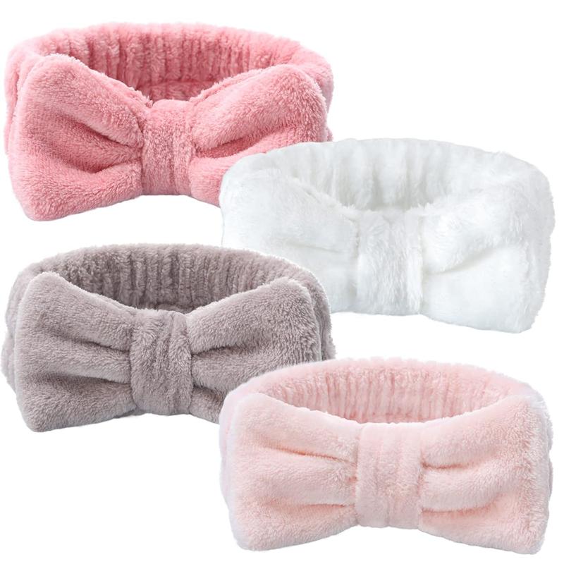 4 Pack Spa Headband for Girls and Women, Microfiber Elastic Headband for Skincare, Makeup and Bow Tie Hair, White Brown Rose Pink Light Pink