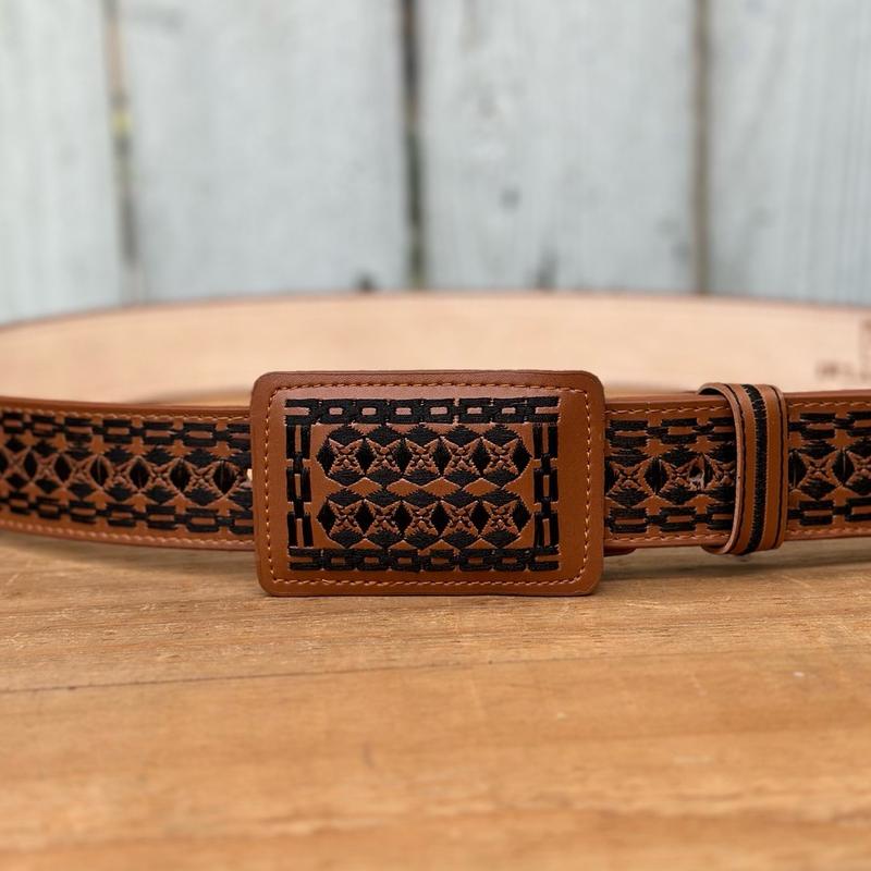 Tan “Rocco” Embroidered Belt with Rectangular Buckle - Men’s Western Belts