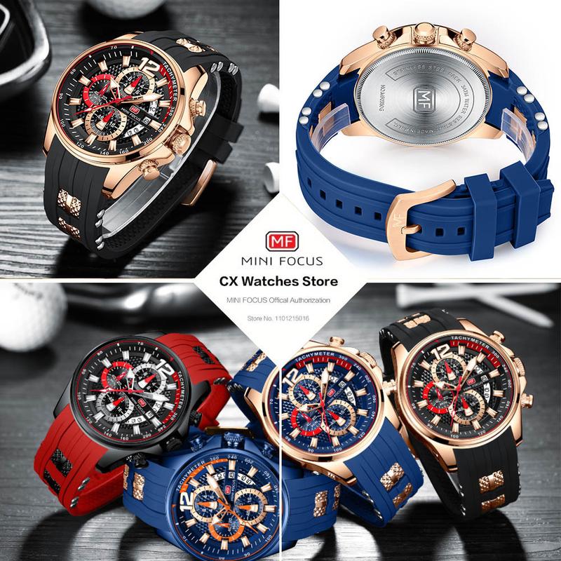 MF MINI FOCUS Watches for Mens Fashion Sports Waterproof Chronograph Watches with Silicone Strap Business Work Wrist Watch Auto Date Watches Silicon  for Men