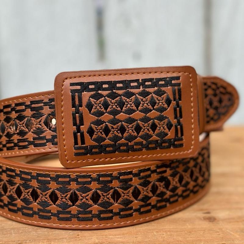 Tan “Rocco” Embroidered Belt with Rectangular Buckle - Men’s Western Belts