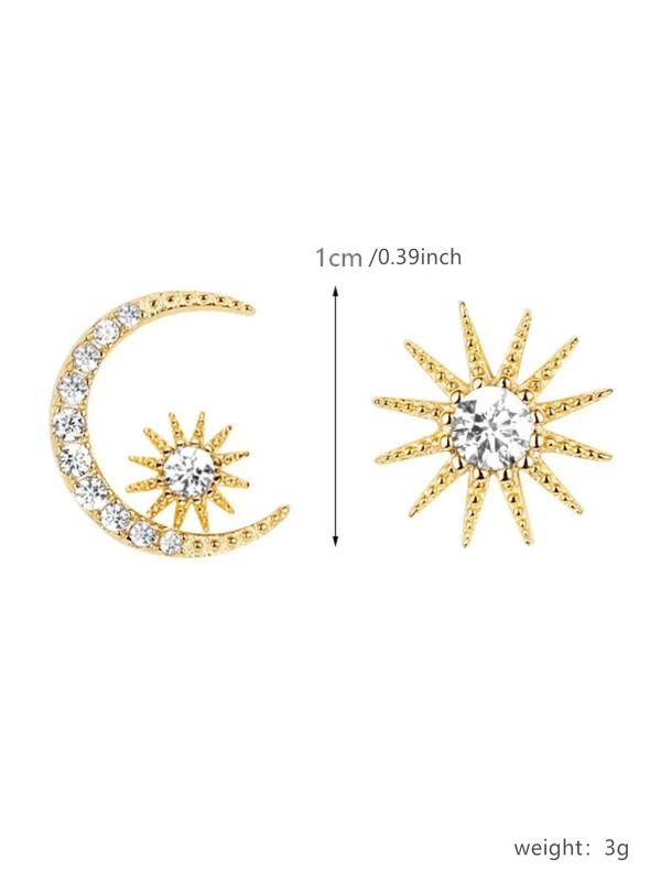 1 Pair Women's Creative Rhinestone Decor Sun & Moon Shaped Stud Earrings, Elegant Asymmetrical Design Stud, Girl's Temperament All-match Accessory