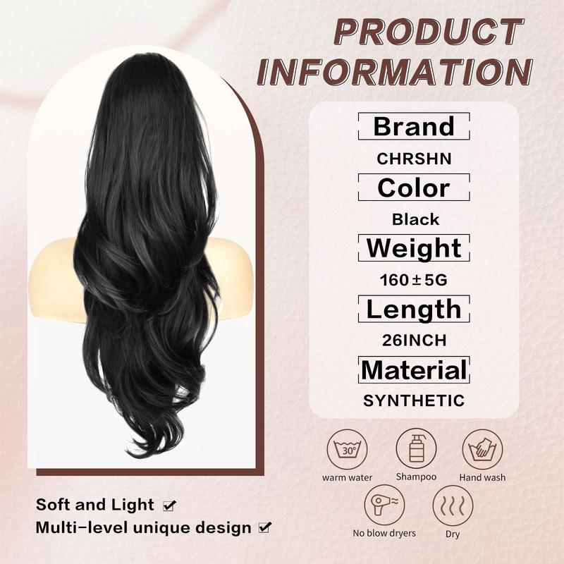 CHRSHN Ponytail Extension, 26 Inch Drawstring Ponytail Extension for Women Long Black Wavy Layered Pony Tails Hair Extensions Synthetic Clip in Ponytail Hairpiece for Women