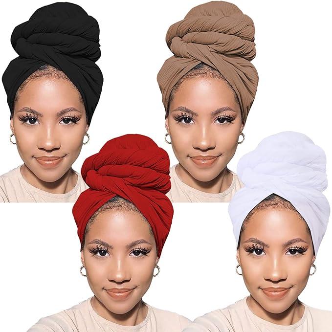 4-Pcs Head Wraps for Black Women African Head Wrap Lightweight for Women Long Plain Turban Hair Scarf Scarves Fashion Accessories Headbands