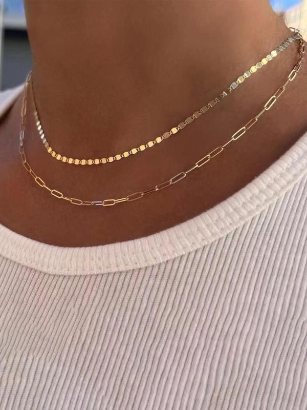 Trendy Matching Chain Necklace, 2pcs set Minimalist Casual Jewelry for Party, Daily Clothing Decor, Real Chains Necklace for Girl, Ideal Holiday Gift for Women and Girls