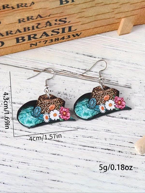 Boho Style Floral & Leopard Print Dangle Earrings, Fashion Hat Shape Jewelry for Women, Daily Clothing Decor, Trendy All-match Jewelry for Birthday Gift