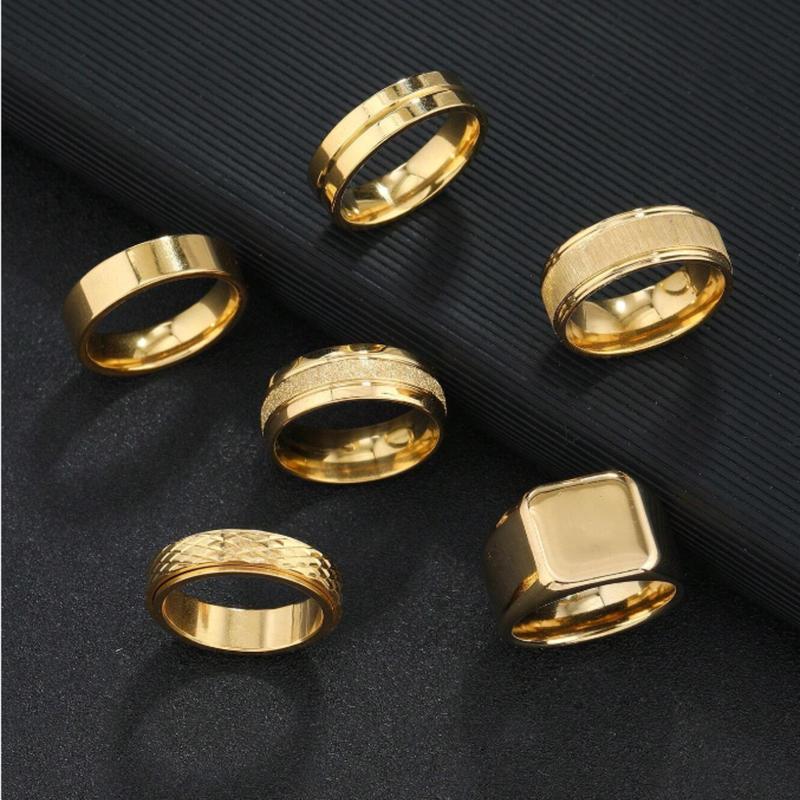 6pcs Set Stylish Stainless Steel Standing Aspect Rhombus Decorationd Men's Ring Set Suitable For Men's Daily Use Gift Jewellery