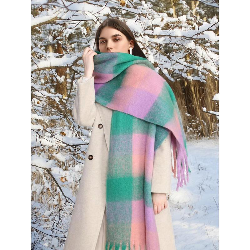 Luna Aurora  1PC Boho Colorful Grid Tassel Chunky Scarf Thickened Soft Warm Tassel Shawl Autumn Winter Coldproof Windproof Wrapped Neck Scarf