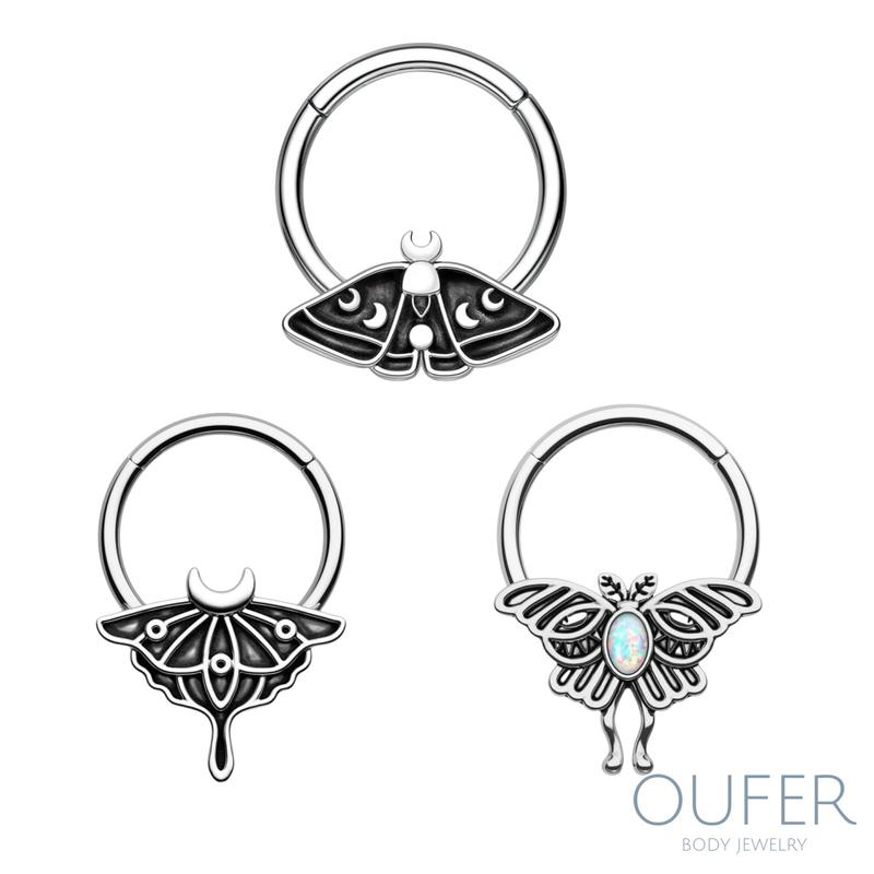 Oufer Halloween 16G Vintage Moon Phase Death Moth Hinged Segment Septum Ring Helix Piercing Inner Diameter 10mm 316L Stainless Steel