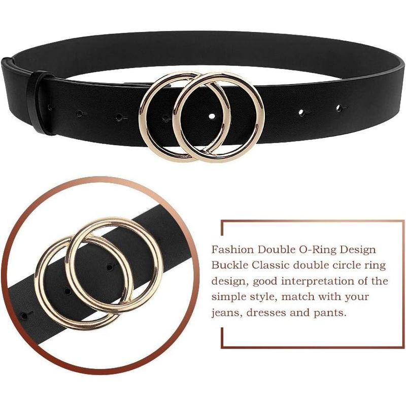 Women's PU Leather Belt Double O Ring Soft Faux Leather Waist Belt