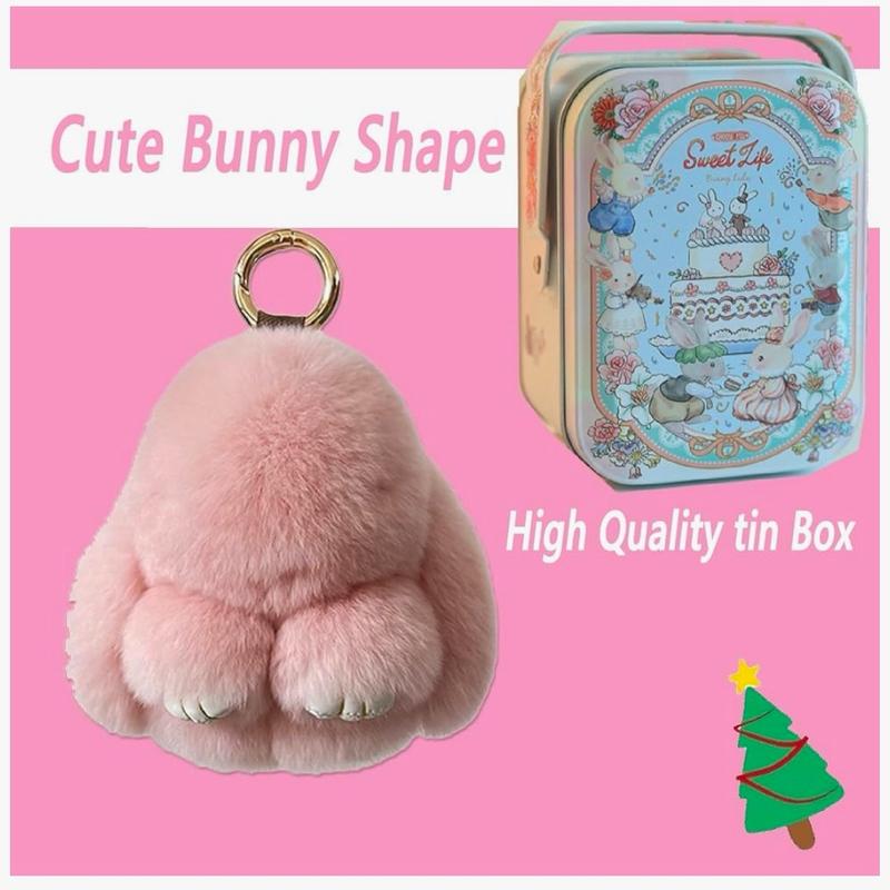 BunnyLulu Handmade Soft Bunny PomPom Keychain with Tin Box - Cute Charms for Phone Bag Car - Plush Pendants - Gifts for Women Girls