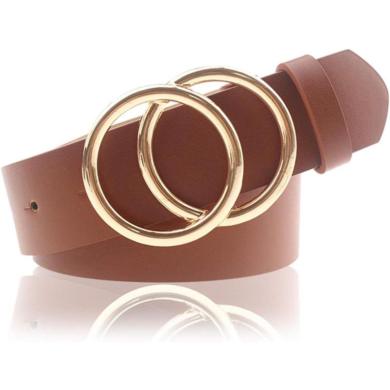 Women's PU Leather Belt Double O Ring Soft Faux Leather Waist Belt