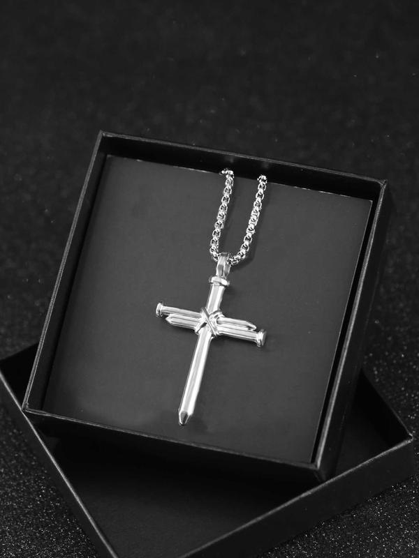 Men's Simple Style Plain Color Necklace with Cross Pendant Design, Casual Trendy Pendant Necklace For Daily Decoration As Gift With Box