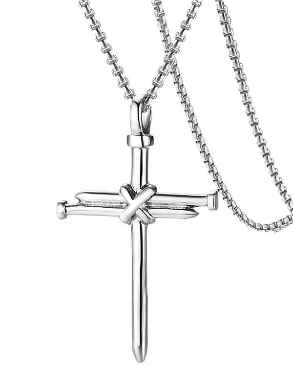 Men's Simple Style Plain Color Necklace with Cross Pendant Design, Casual Trendy Pendant Necklace For Daily Decoration As Gift With Box