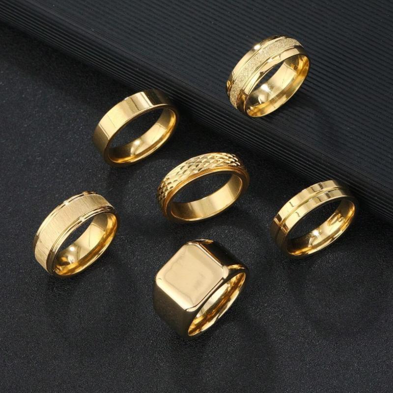 6pcs Set Stylish Stainless Steel Standing Aspect Rhombus Decorationd Men's Ring Set Suitable For Men's Daily Use Gift Jewellery