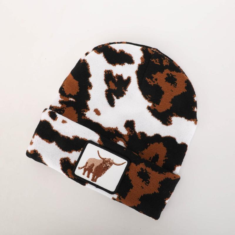 Highland Cow Embroidered Patch Beanie with Dani Morgan's Unique Cowprint Design