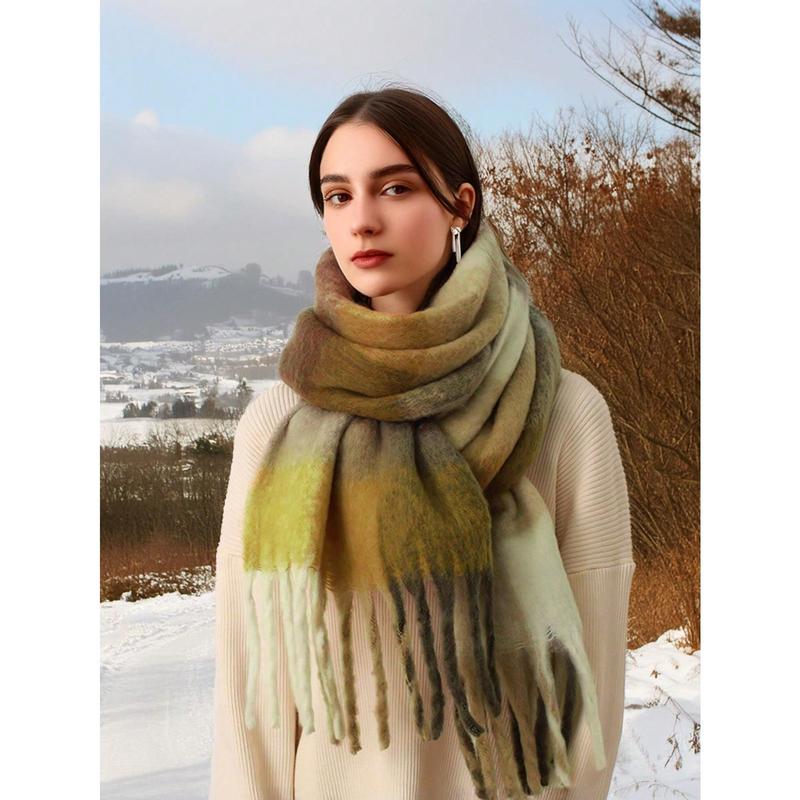 Luna Aurora  1PC Boho Colorful Grid Tassel Chunky Scarf Thickened Soft Warm Tassel Shawl Autumn Winter Coldproof Windproof Wrapped Neck Scarf