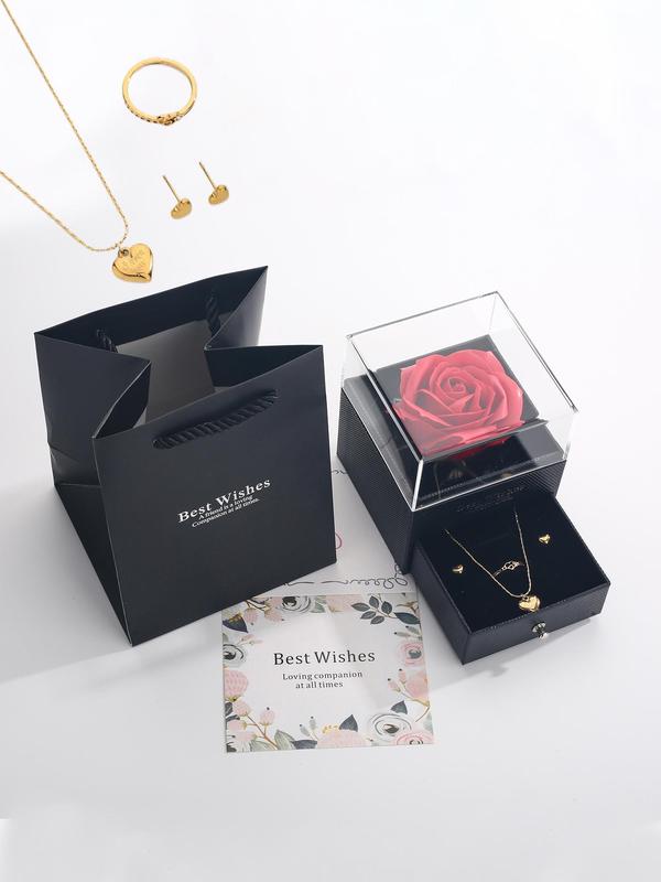 Heart Decor Jewelry Set, Including Heart Pendant Necklace, Ring & Stud Earrings, Casual Matching Jewelry Set Accessories with Rose Gift Card Box