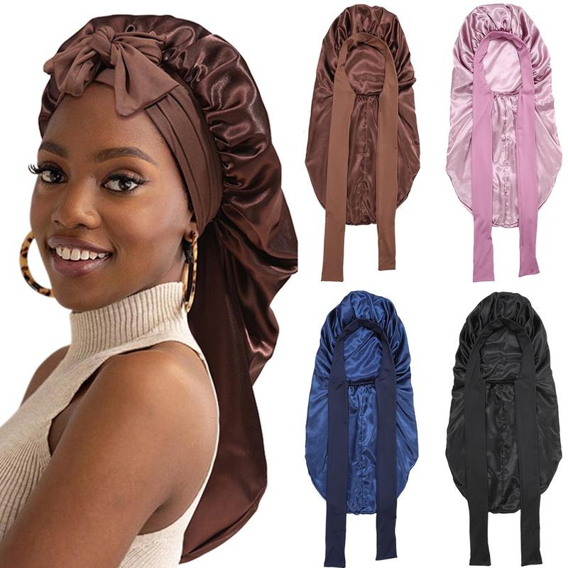 AWAYTR Solid Color Long Nightcap for Women Satin Double Layered Sleeping Hat Tie Band Elastic Hair Care Bonnet