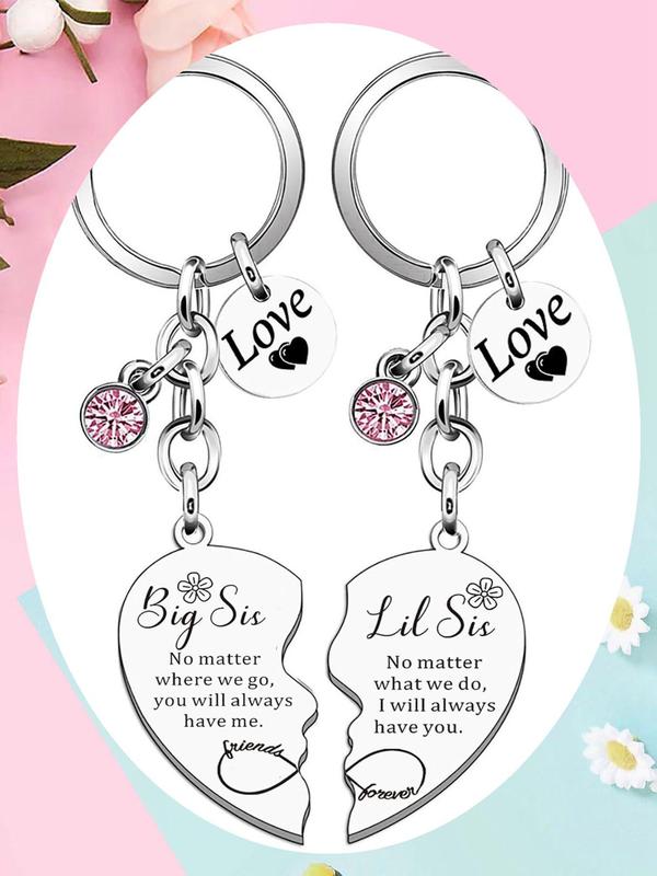 Big Sis Little Sis Matching Heart Keychain, Rhinestone Decor Letter Pattern Keychain for Sister, Fashion Accessories for Women & Men