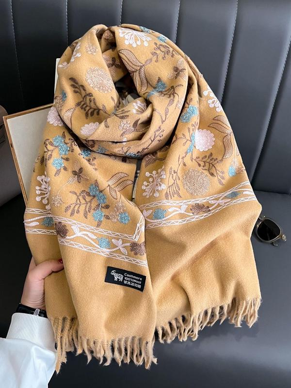 Boho Style Plants Embroidery Double Sided Scarf, Casual Soft Warm Fringe Trim Shawl for Women & Men, Fashion Accessories for Daily Wear