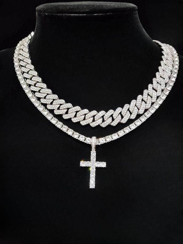 Easter Luxury Rhinestone Cross Pendant Necklace & Cuban Chunky Chain Matching Jewelry Set, Sparkly Streetwear Hip Hop Iced out Jewelry Set for Party, Gorgeous Trendy Accessories Cross Necklaces