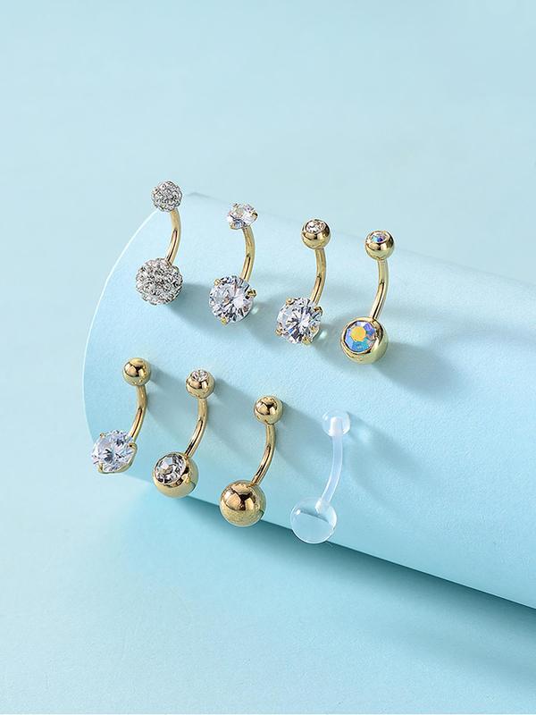 8pcs set Women's Elegant Rhinestone Decorated Belly Rings, Exquisite Stainless Steel Belly Piercing Rings, Fashionable Body Jewelry for Women for Party Decoration