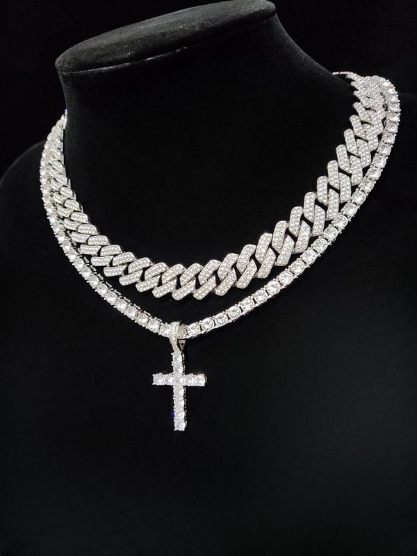 Easter Luxury Rhinestone Cross Pendant Necklace & Cuban Chunky Chain Matching Jewelry Set, Sparkly Streetwear Hip Hop Iced out Jewelry Set for Party, Gorgeous Trendy Accessories Cross Necklaces