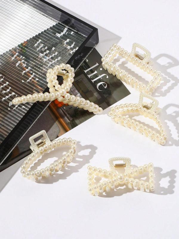 Elegant Style Geometric Faux Pearl Decor Hair Claw Clips, Gorgeous Faux Pearl Hair Claws Set, Fashion Kawaii Hair Accessories for Women & Girls