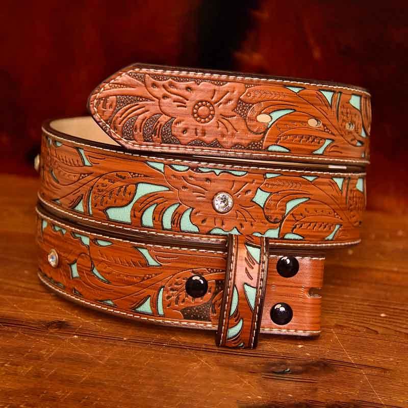 Western Turquoise Printed Belt Costume Decoration with Rhinestone Buckle