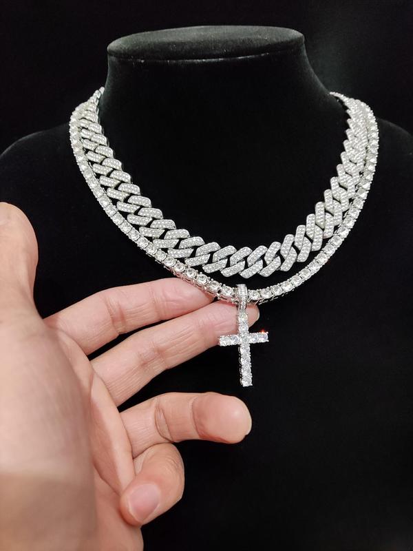 Easter Luxury Rhinestone Cross Pendant Necklace & Cuban Chunky Chain Matching Jewelry Set, Sparkly Streetwear Hip Hop Iced out Jewelry Set for Party, Gorgeous Trendy Accessories Cross Necklaces