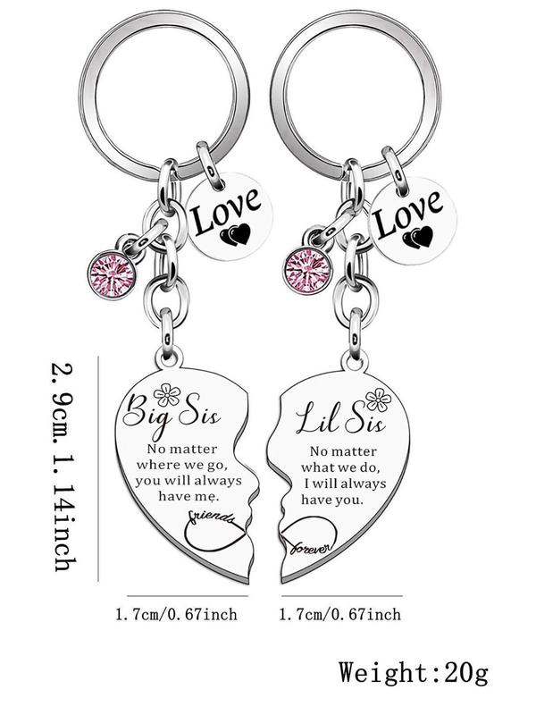 Big Sis Little Sis Matching Heart Keychain, Rhinestone Decor Letter Pattern Keychain for Sister, Fashion Accessories for Women & Men