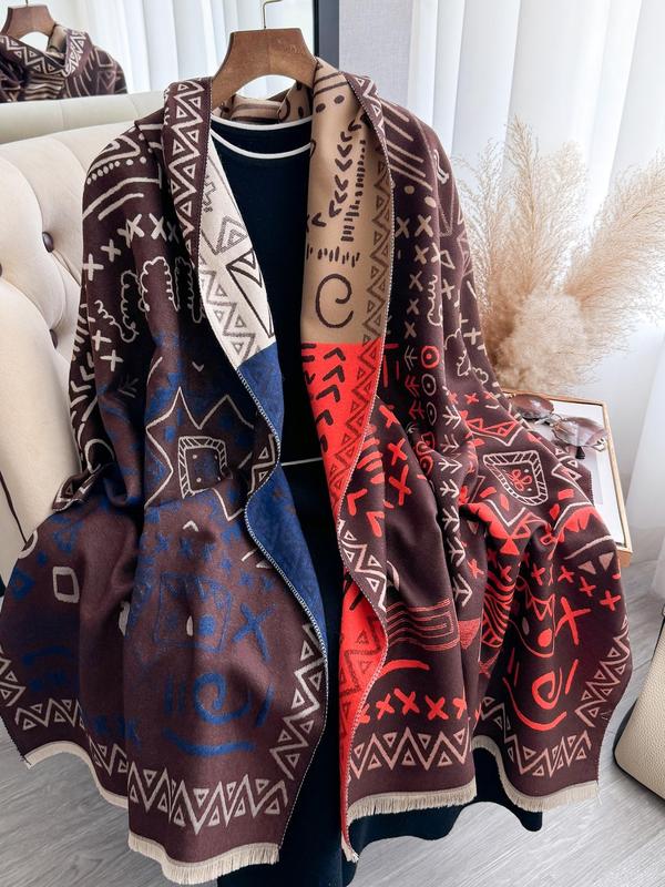 Elegant Boho Style Geometric  Pattern Raw Hem Design Scarf, Casual Soft Warm Shawl for Fall & Winter, Fashion All-match Accessories for Women & Girls