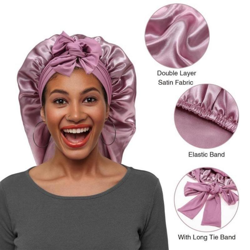 AWAYTR Solid Color Long Nightcap for Women Satin Double Layered Sleeping Hat Tie Band Elastic Hair Care Bonnet