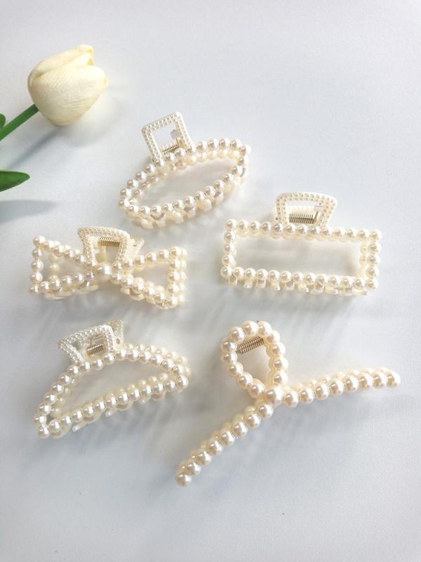 Elegant Style Geometric Faux Pearl Decor Hair Claw Clips, Gorgeous Faux Pearl Hair Claws Set, Fashion Kawaii Hair Accessories for Women & Girls