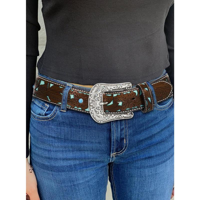 Adjustable-Vintage-Western-Cowboy-Belt Women Men - Cowboy-Style Engraved-Buckle Belt for Jeans Pants Dresses