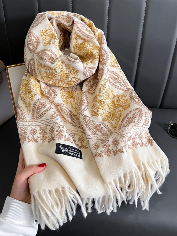 Boho Style Plants Embroidery Double Sided Scarf, Casual Soft Warm Fringe Trim Shawl for Women & Men, Fashion Accessories for Daily Wear