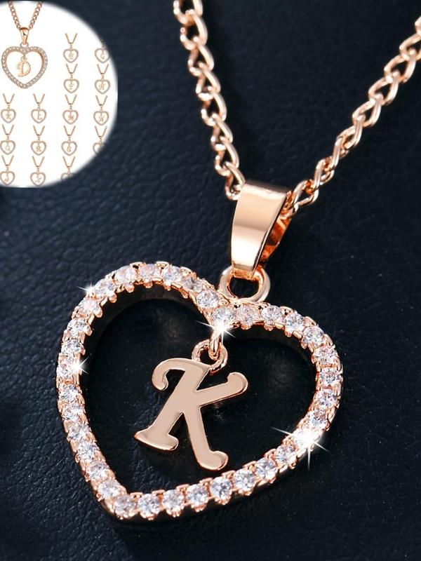 Hollow Letter & Heart Necklace, Elegant Rhinestone Decor Pendant Necklace for Women, Fashion Stainless Steel Jewelry for Daily Use