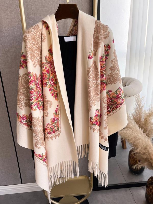 Boho Style Plants Embroidery Double Sided Scarf, Casual Soft Warm Fringe Trim Shawl for Women & Men, Fashion Accessories for Daily Wear