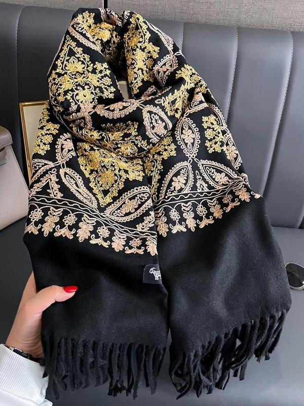 Boho Style Plants Embroidery Double Sided Scarf, Casual Soft Warm Fringe Trim Shawl for Women & Men, Fashion Accessories for Daily Wear