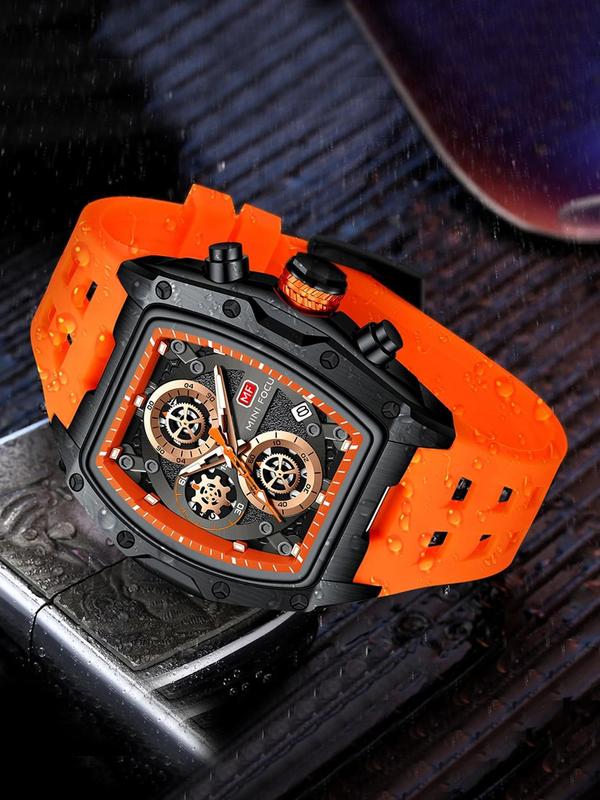 Men's Sporty Barrel Shaped Quartz Watch, Fashionable Luminous Waterproof Watch with Silicone Strap, Trendy Watch with Date Display Function for Daily Life, with Box