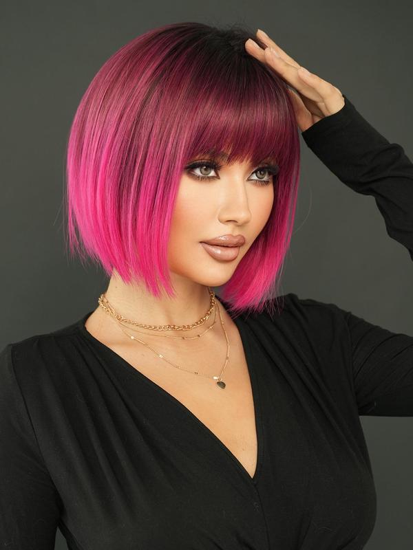 12 Inch Pink Bob Wig, Short Straight Wigs for Women, Gorgeous Fluffy Wigs with Bangs, Synthetic Full Machine Wigs for Party, Daily Use