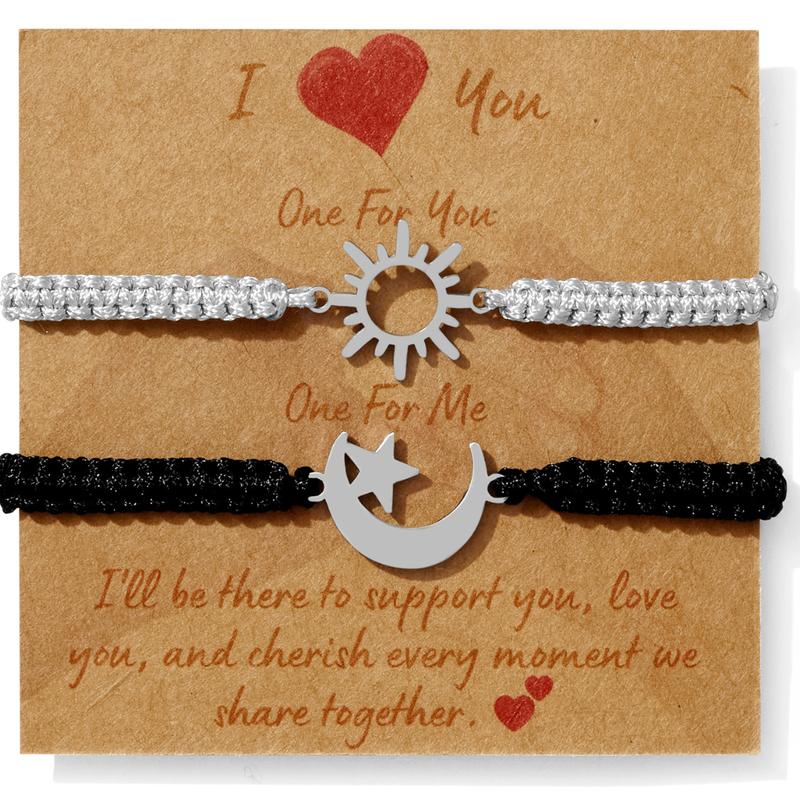 2Pcs Couples Bracelet - Sun & Moon - Stainless Steel - Adjustable Strong Woven Rope - Couples, Family & Friendship Bracelet for Men & Women Gift