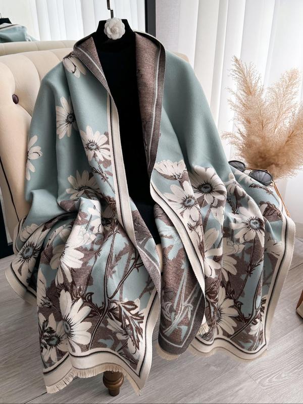 Floral Pattern Tassel Decor Shawl, Casual Soft Warm Scarf for Fall & Winter, Fashion Accessories for Women & Men