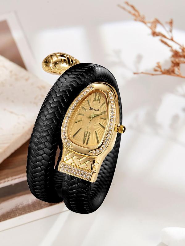 Women's Elegant Rhinestone Decorated Snake Design Quartz Watch, Fashionable Wristwatch for Women & Girls, Trendy All-match & Exquisite Watch for Birthday Gift with Box