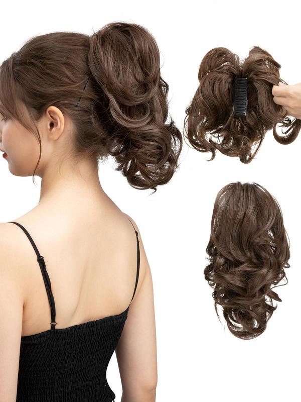 10inch Short Body Wavy Ponytail Extension with Hair Claw, Natural Looking Fluffy Hair Bun, Synthetic Hairpiece for Women & Girls for Party Photography Use