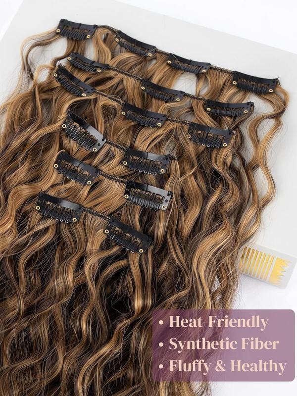 22 Inch Long Wavy Synthetic Clip-in Hair Extensions, 6 Counts Natural Fluffy Synthetic Hair Extensions Wigs with Highlight Design for Summer Daily & Party Used