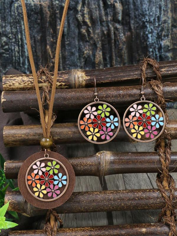 Boho Style Round Pendant Alloy Necklace & Dangle Earrings for Gift, Ethnic Pattern Jewelry Set for Women for Party, Daily Clothing Decor, Trendy All-match & Exquisite Jewelry for Birthday Gift without Box